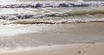 Ocean, waves and water on sand, empty beach on tropical holiday location in Bali with island texture. Summer in Indonesia, sea surf and adventure time in nature at sustainable vacation destination.