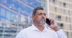 Senior business man in city, phone call and communication, networking and corporate contact with b2b and discussion. Company executive in urban street, talking on cellphone with connection and tech