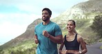 Fitness, nature and couple running in the mountain for a workout or training for race, marathon or competition. Sports, health and athlete runners or friends doing an outdoor cardio exercise together