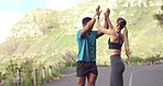 High five, fitness and running couple of friends with cardio support, exercise success and training target goals in street. Personal trainer, sports woman or runner people with fist pump for workout