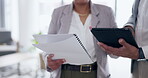 Hands, documents and tablet with a management team in discussion over a business project in their office. Meeting, planning or strategy with a man and woman manager talking together in the workplace