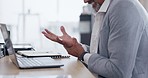 Businessman, hands and wrist pain by laptop in agony from burnout or overworked at the office desk. Hand of employee man suffering carpal tunnel syndrome, bad ache or strain on computer at workplace