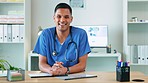 Portrait, doctor or happy man with smile in a hospital clinic for wellness, helping or nursing mission. Trusted nurse, medical surgeon or proud Indian healthcare consultant smiling or working alone