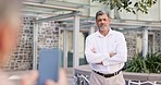 Phone, photography and arms crossed by senior man leader posing for photo outside of office building. Smartphone, friends and mature male proud while posing for profile picture, happy and confident