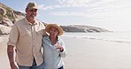 Senior couple, walk and conversation at beach with embrace, listening and empathy on vacation in sunshine. Old man, woman and walking with hug, chat and love with mockup space, adventure and ocean