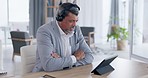 Businessman, tablet and headphones consulting for customer service, networking or support at the office desk. Employee man consultant talking with headset on technology for advice or communication