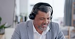 Businessman, call center and headphones consulting for customer service, networking or support at the office. Employee man consultant talking with headset for online advice, help or communication