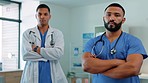 Medical men, portrait and team with a doctor and nurse for healthcare, support and health insurance. Male workers in a hospital for professional care, wellness and healing with teamwork and medicine