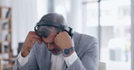 Frustrated, man and working in a call center with customer service, support and angry worker with stress. Senior, tired businessman and consultant with burnout or professional glitch, mistake or 404