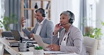 Business people, call center and headphones consulting for customer service, support or telemarketing at office. Happy businessman and woman consultant talking on laptop with headset in contact us