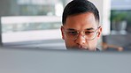 Focus, computer reading and business man working on a seo and web proposal for tech. Office work, startup and businessman thinking with digital data and planning a copywriting strategy with glasses