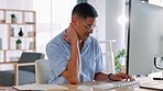 Businessman, computer and neck pain from stress, burnout or overworked at the office desk. Stressed employee man suffering bad ache, strain or discomfort and inflammation on desktop PC at workplace