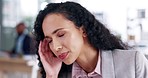 Headache, business woman and office stress of a worker with anxiety and burnout from work. Working fatigue, head pain and young female employee feeling tired and overworked from corporate deadline 