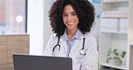 Face, happy woman and medical doctor at laptop in office, planning research and online report. Portrait, smile and female healthcare employee working at computer, internet and telehealth in hospital