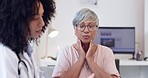 Sick, talking and a woman with a doctor and tablet for symptoms research, notes or help. Serious, healthcare and a senior patient speaking to a gp about a symptom, illness and health with tech