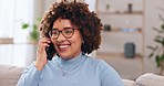 Relax, talking and woman on a phone call on the sofa, communication and answering a mobile. Smile, thinking and a young girl speaking on a cellphone for conversation, connection and happiness at home