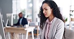 Woman walking, computer and start working for office productivity, startup business and digital management. Happy biracial person on desktop, tablet and multimedia workspace for online career or job