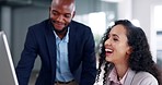 Computer, teamwork and business people or manager training, feedback and advice in office for digital company. Happy biracial woman with partner or employees talking of job or project on desktop pc