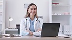 Removing mask, doctor face and a woman in an office for healthcare, consulting and support. Happy, covid and portrait of a female gp with a mask for pandemic end, smiling and at a hospital for work