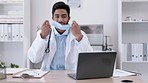 Happy man, doctor and remove face mask in hospital, medical office and safety rules. Portrait of male healthcare professional taking off facial ppe in clinic for wellness, post covid and happiness