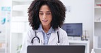 Happy, woman and medical doctor at laptop in office, planning research or reading online report. Face, female healthcare employee and smile for working at computer, analysis or telehealth in hospital