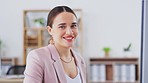 Face, happy and business woman at computer for research, online project and management. Portrait of professional, young or confident female worker at desktop, office and empowerment in startup agency