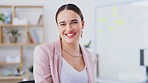 Face, business and woman with a smile, growth or development in workplace, success or professional career. Portrait, female employee or administrator with happiness, corporate company or social media