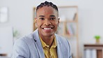 Face, business and black man with a smile, success and growth in workplace, startup and development. Portrait, male employee or worker with happiness, confidence and skills for company or new project