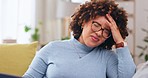 Headache, woman and pain in home from stress, mental health problem and fatigue. Face of depressed, sick and frustrated female in anxiety, burnout and brain fog of mind, vertigo and worried of crisis