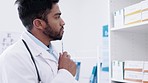 Doctor, man and thinking for inventory inspection on healthcare supplies, stock or prescription at clinic. Thoughtful male medical expert checking on pharmaceutical products or checklist at hospital