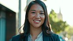 Smile, city street and business, portrait of Asian woman with confidence, happiness and pride in Indonesia. Happy urban professional, vision and face of young, confident startup entrepreneur outside.