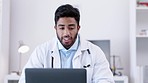 Healthcare, man and doctor with a laptop, video call and conversation in hospital, talking and wave. Male employee, worker and medical professional with technology, pc and webinar with planning