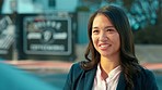 Business woman, communication and young female employee outdoor at a coffee shop. Discussion, Asian person and conversation of a professional worker doing networking while talking with a smile