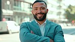 Business man, face and city with arms crossed of male employee feeling confident and success outdoor. Urban businessman, happiness and smile of a young worker ready for work and teamwork with staff