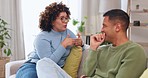 Couple have conversation, communication and relax on living room couch, spending quality time together. Partner, love and respect, people talk and connection with man listening as woman tells story