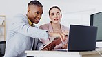 Business people, laptop and coaching intern with documents and writing in teamwork planning at the office. Businessman coach training woman employee or intern on computer and taking notes for results