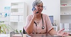 Phone call, woman and doctor with a smile, healthcare and communications in workplace. Female employee, medical professional or consultant with a smartphone, connection or conversation with happiness