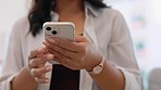 Smartphone in hands of woman, scroll social media and communication with technology and closeup. Chat, online and contact with mobile app, typing and search on website with network connectivity