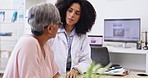 Senior woman, doctor support and medical consultation in a hospital office with communication and results. Elderly patient, health worker and talking of cancer in a clinic with a tablet and report