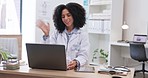 Video call, doctor and woman wave hello for online meeting, virtual medical support and telehealth services. Happy female healthcare worker talking on computer webcam for chat, advice and consulting 