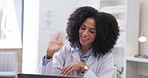 Video call, woman and doctor for hello, virtual telehealth services and online meeting. Happy female medical worker talking on computer webcam for consulting, healthcare chat and thumbs up of support