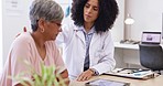 Senior woman, doctor and medical consultation in a hospital office with communication and results. Elderly patient, health worker and support from cancer news in a clinic with a tablet and report