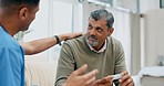 Consulting, healthcare and a doctor with medicine for a man, health advice and help during checkup. Support, smile and a male nurse speaking to a senior patient about recommendation for pills