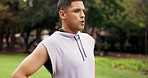 Exercise, fitness and man outdoor, breathing and training for wellness, start practice and workout goal. Male person, athlete or runner prepare for target, cardio and endurance for body care or focus