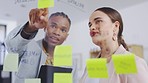 Board, explain or diversity people collaboration, communication and teamwork on sales strategy. Sticky note, brainstorming team or business partner cooperation on research info, project ideas or plan