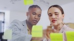 Board, explain or business people teamwork, communication and collaboration on development strategy ideas. Sticky note, brainstorming planning or diversity team cooperation on sales research forecast