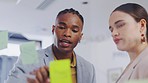 Board, explain or diversity people cooperation, consulting and teamwork on advertising sales strategy. Sticky note, brainstorming or business team collaboration on research feedback, project or plan
