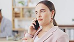 Phone call, face and office woman talking, conversation or on b2b negotiation chat with smartphone user. Networking discussion, business consultation or female consultant speaking with mobile contact