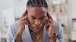Mental health burnout, sad or black man depressed from office stress, business pressure or corporate crisis. Pain, depression and tired person, consultant or professional worker with headache problem