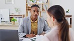 Startup, consultants and black man in office, conversation and new project, schedule and share ideas. Employees, female client and male worker explain process, system and planning with paperwork